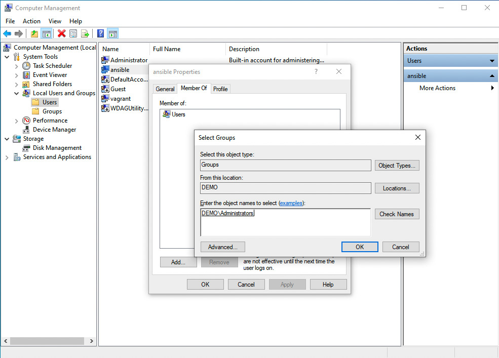 Add “ansible” user to “administrators” Group