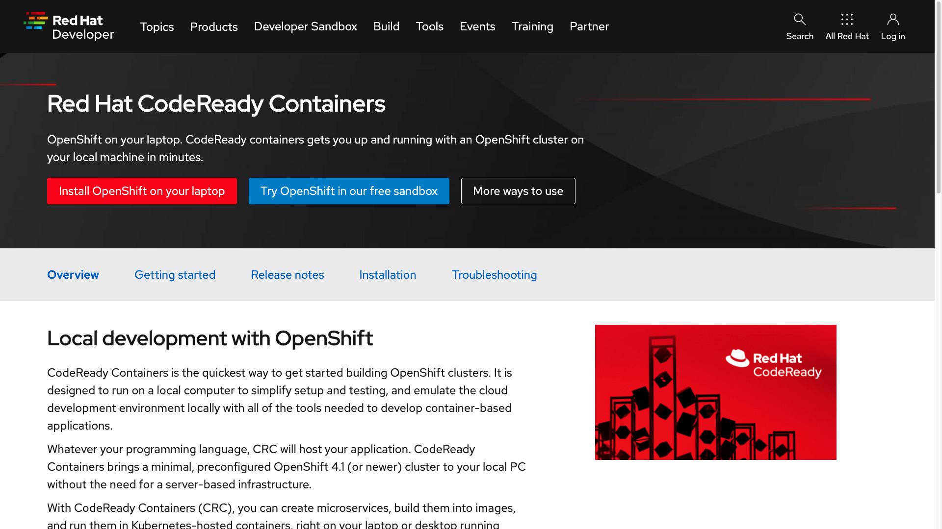 Red Hat CodeReady Containers website